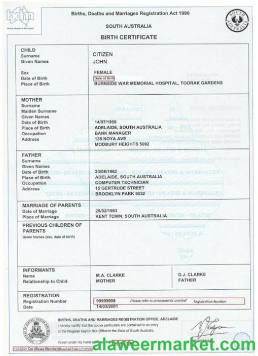 Australia South Australia birth certificate